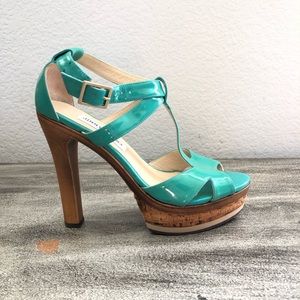 Jimmy Choo Green Patent Leather Platform Ankle Strap Sandals size 6.5
